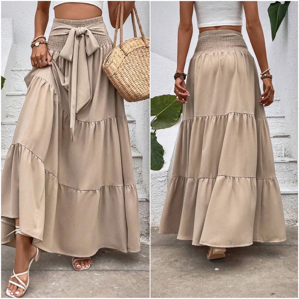 Boho High Waisted Front tie Ruffle flowy Maxi Skirt - Picture 2 of 9